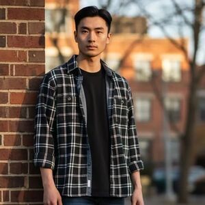 Wrangler Black, White & Red Plaid Flannel Shirt